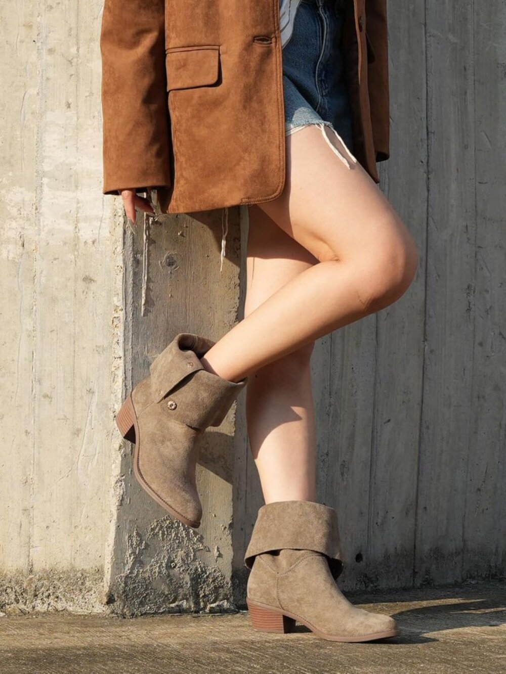 Women's Khaki Suede Mid Calf Boots 3 Way Fold Over Style Chunky Block Heel
